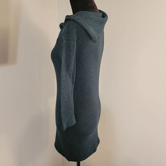 No Boundaries Teal Ribbed Asymmetrical Zip Oversized Collar Sweater Dress Sz L - Picture 7 of 15